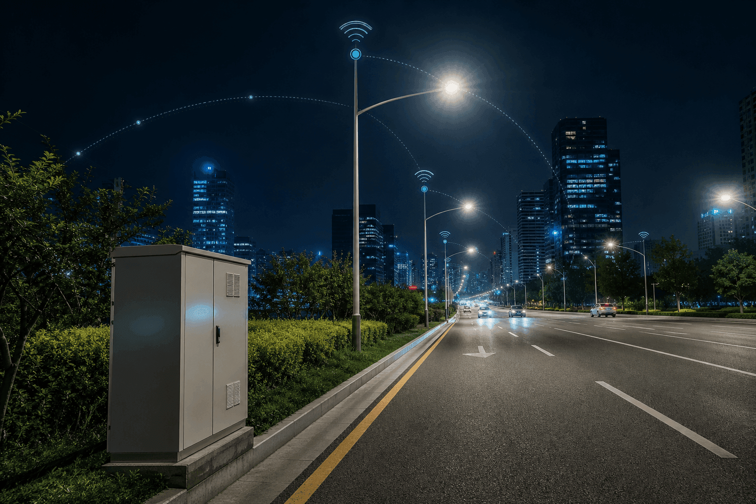 Connected smart street lights operating along an urban road at night
