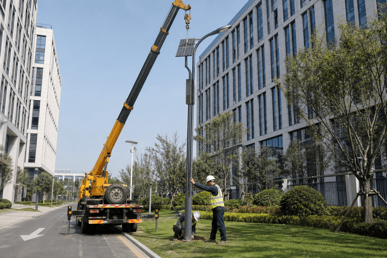 Crane truck installing a smart pole in a business district