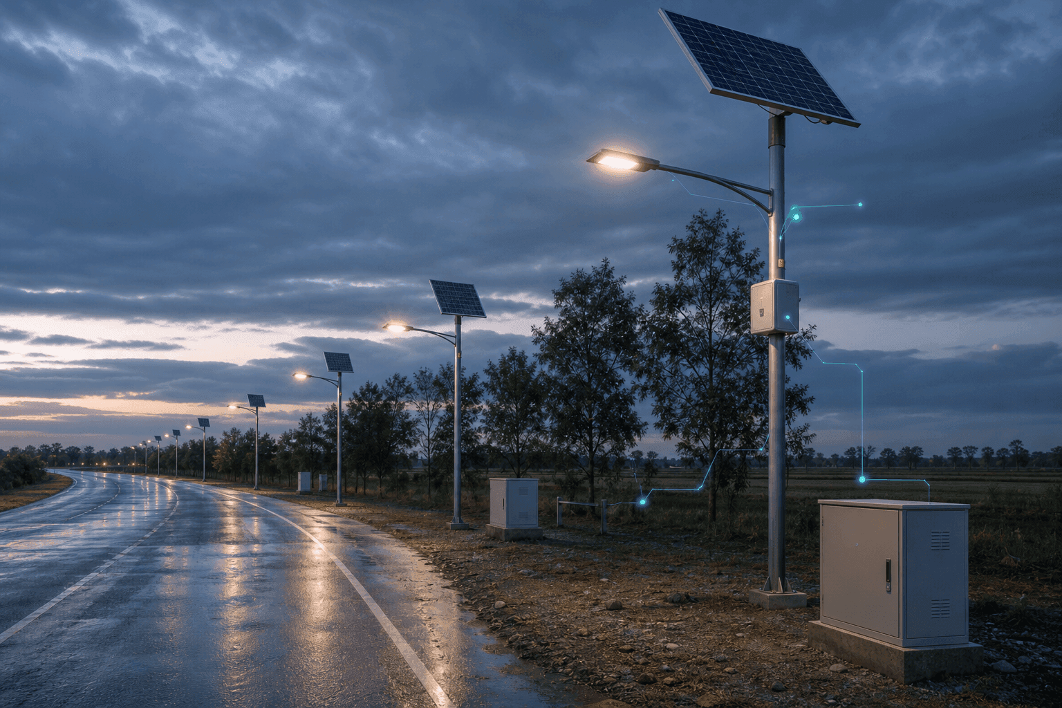 Solar street lights deployed along a rural road at dusk